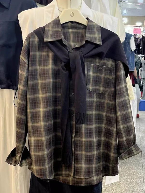 

plus Size Knitted awl Long Sve irt Women's Spring Layering Plaid Casual Loose Fit Breathable Skin-friendly Spring irt