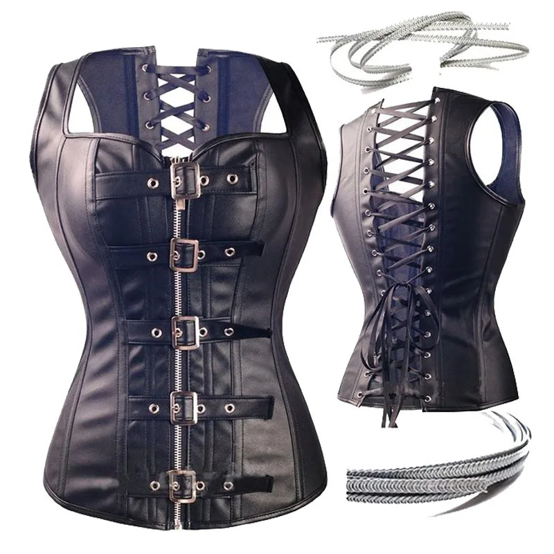 Sexy Steampunk PU Faux Leather Corset Retro Gothic Body Shapewear Bustier Zipper Buckled Steel Boned Corselet Plus 6XL