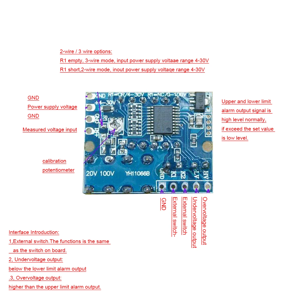 LED Digital Voltmeter DC 10V 50V 100V 300V 1000V Upper lower Alarm f/ 5V 12V 24V BMS Battery Overvoltage undervoltage protection