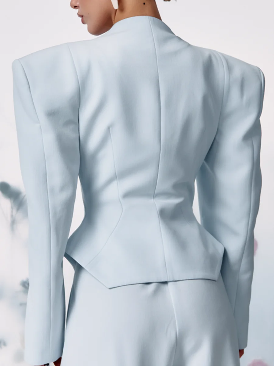 2026 Autumn Winter Women Blazer Exaggerated Padded Shoulder Deep V Neck Asymmetrical Button Slim Fit Jacket