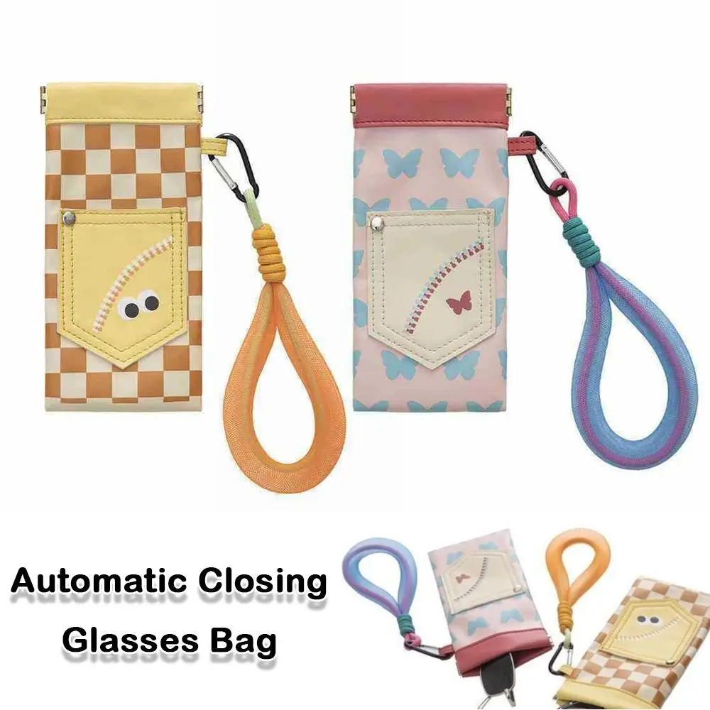 Cute PU Leather Glasses Bag Waterproof Automatic Closing Glasses Protective Cover With Lanyard Key Change Storage Bag