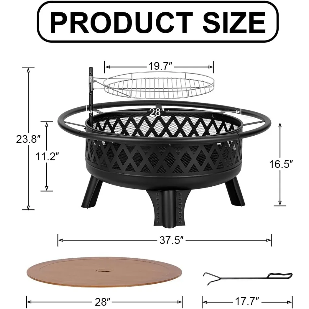 حفرة نار حرق الخشب مقاس 38 بوصة للخارج، حفرة نار مستديرة مع شواية وغطاء معدني، طاولة حفرة نار معدنية خارجية للفناء الخلفي #2