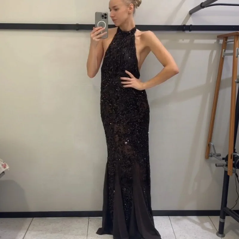 

Luxury Sequin Hanging Neck Dresses Women Spring Backless Sleeveless Fish Tail Dress Autumn High Waist Slit Knee Length Dress
