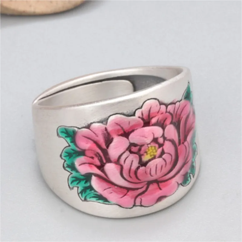 S990 Sterling Silver Rings for Women Men New Women's Fashion Enamel Peony Adjustable Wide Pure Argentum Jewelry Wholesale