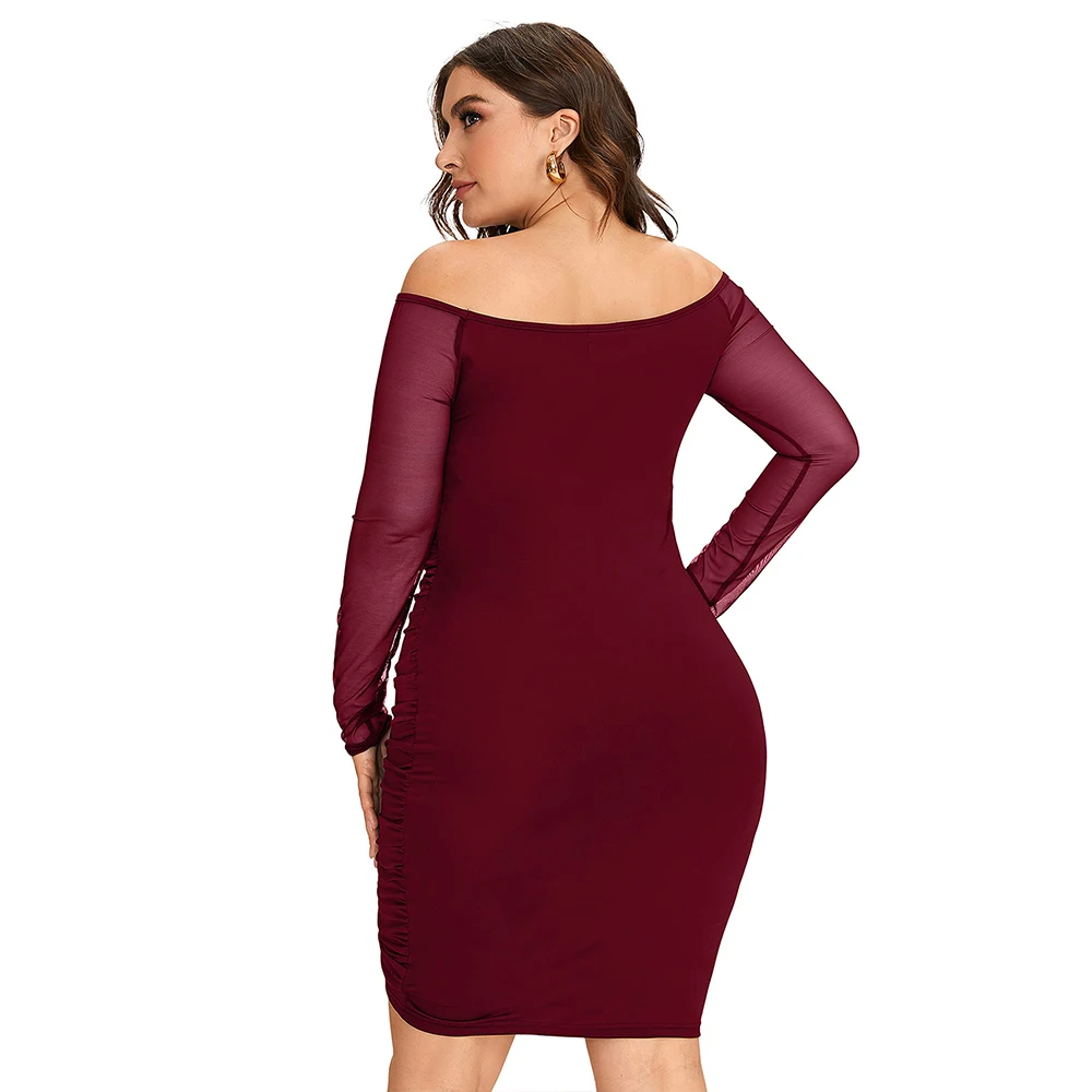 Plus Size PYL damski jednolity kolor, długi rękaw sukienki Midi typu Bodycon damski dekolt Slim Fit plisowana suknia wieczorowa koktajlowa odzież