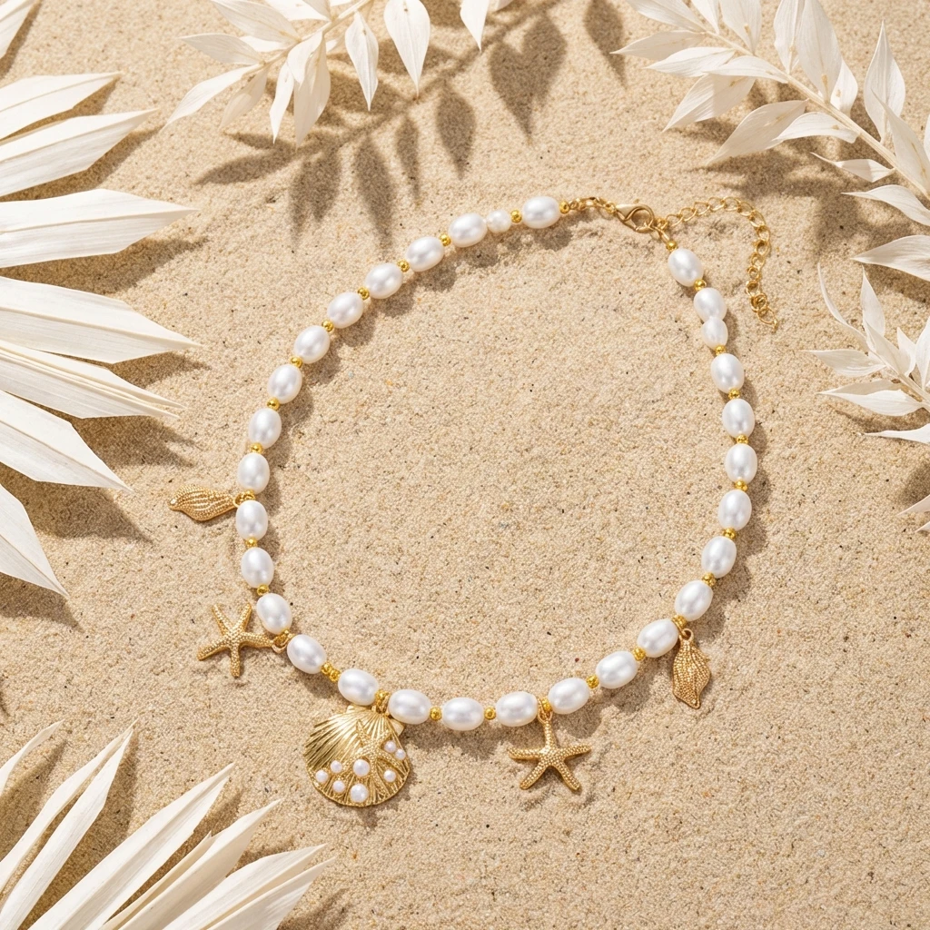 Böhmische Imitationsperlen-Choker-Halskette für Frauen Goldfarbener Muschel-Seestern-Anhänger Sommer Strand Urlaub Schmuck Geschenk – Detail 4