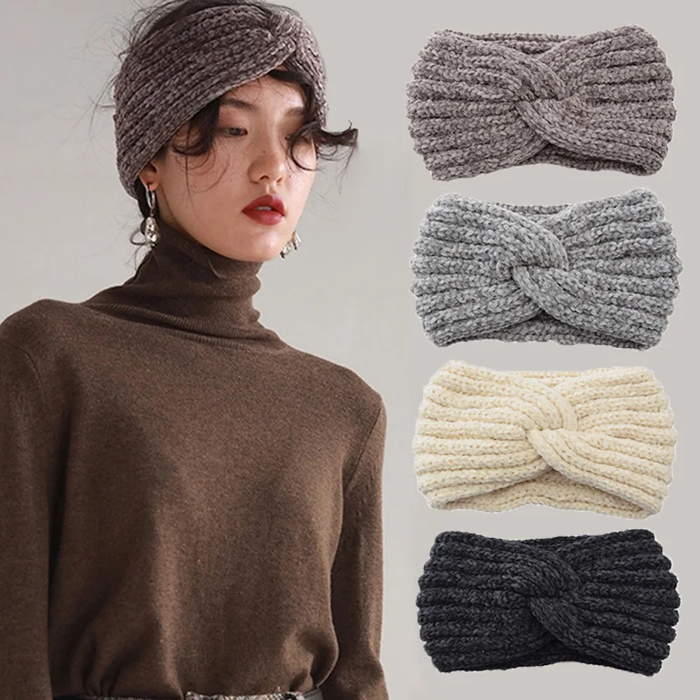 

Windproof Going Out New Winter Solid Woolen Hairband Women'S Warm Wide Edge Cross Knitted Headband Hairband Accessories