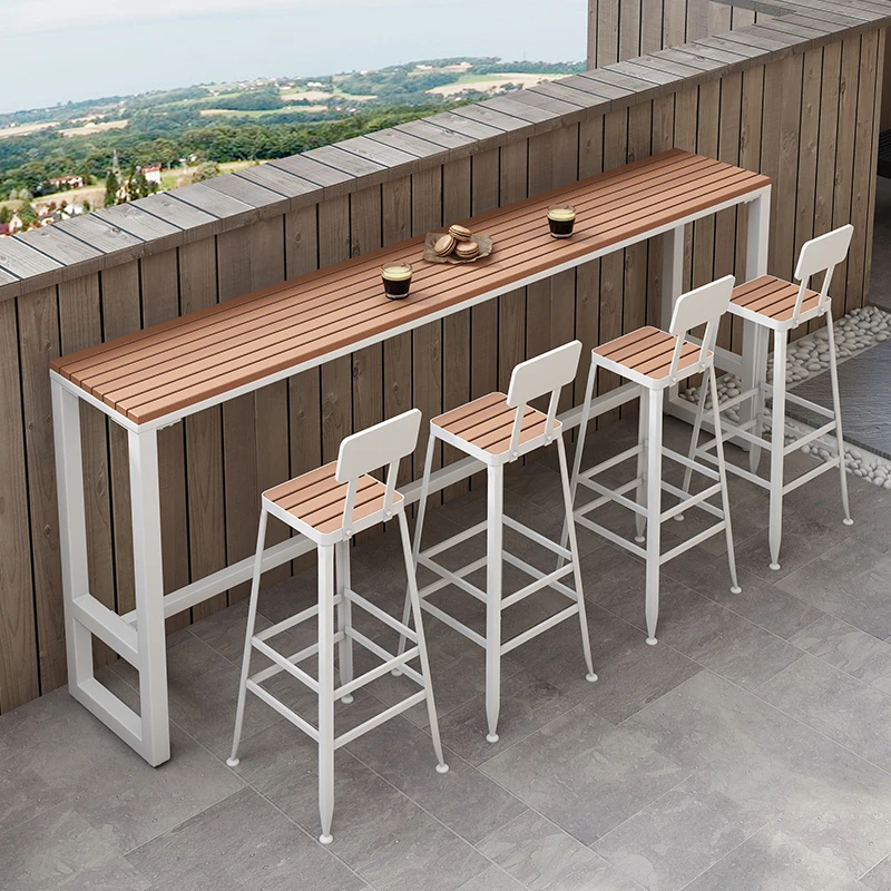 Outdoor high-footed narrow strip balcony terrace preservative wood high table outdoor courtyard bar table and chair combination