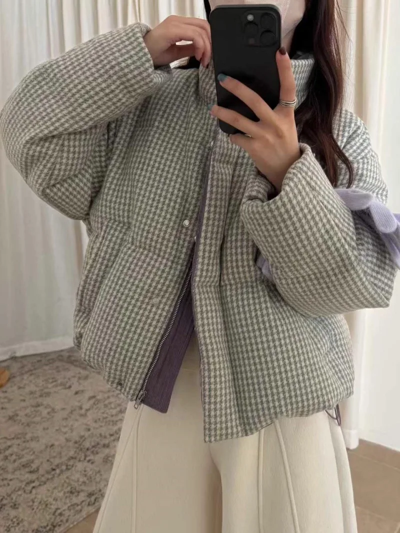 

Зимняя женская шерстяная куртка в клетку с воротником-стойкой, ретро-стиль, теплая, модная, премиум-качество, на пуху