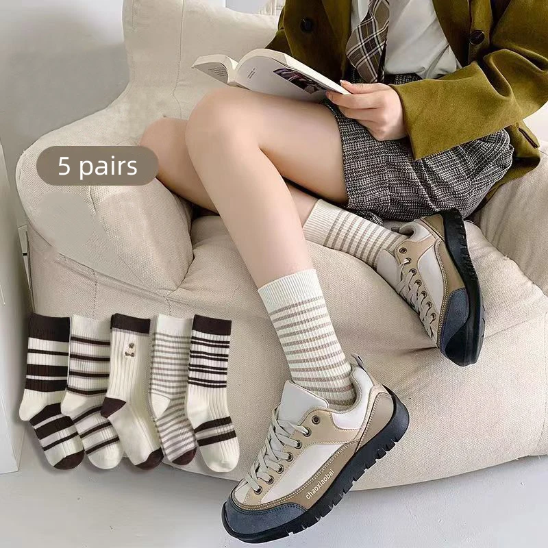 5Pairs/Set Letter Striped Socks for Women Autumn Spring Cotton Middle Tube Sock Classic Casual Female Lady Sport Socks