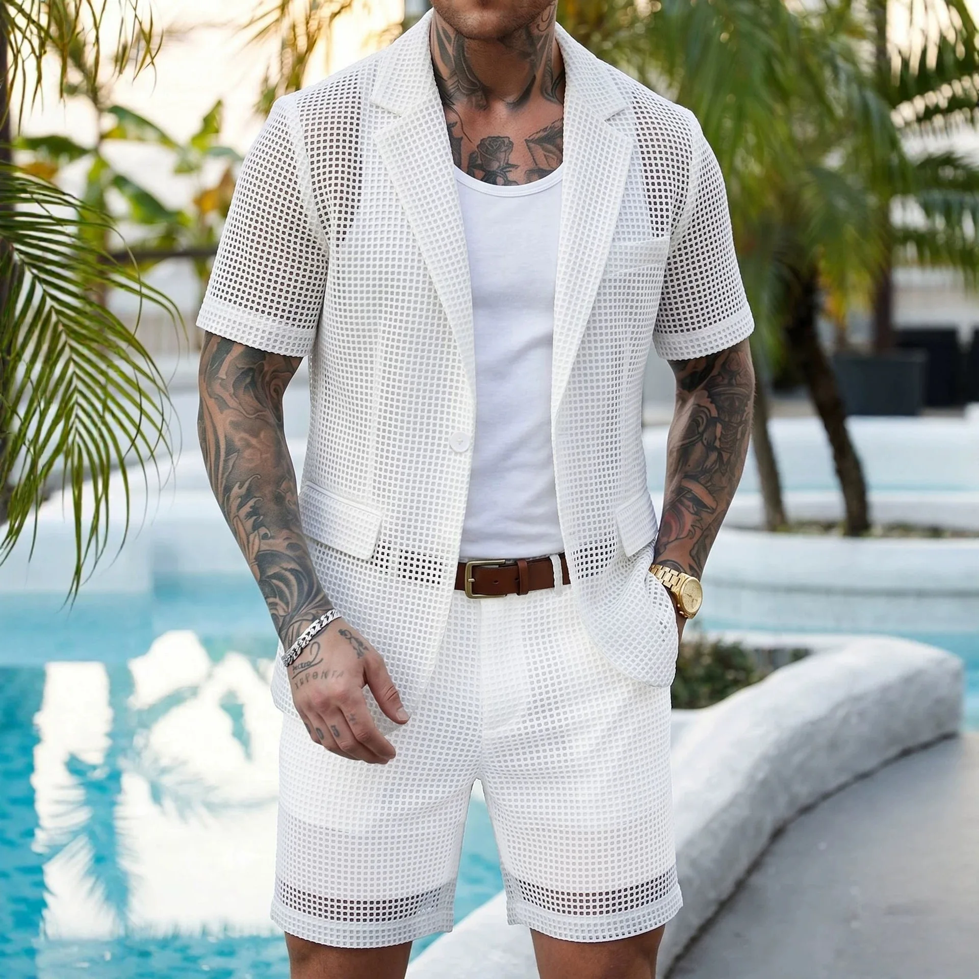 Men Formal Wear Without Suit - Men's Summer Mesh Suit Set Short