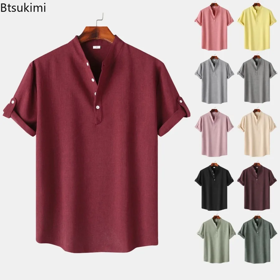 

New Men's Solid Stand Collar Short-sleeved Shirts Fashion Casual Men Slim All Match Blouse Trend Streetwear Beach Shirt for Men