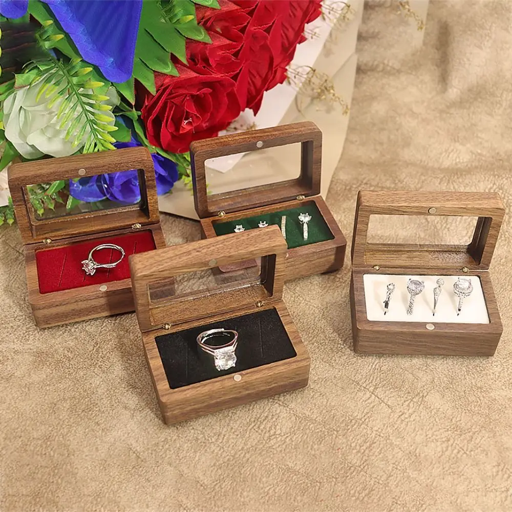 4 Slots Square Rings Holder Opening Window Rectangular Jewelry Ring Holder Exquisite Wooden Ring Box Rings Bearer Box Wedding
