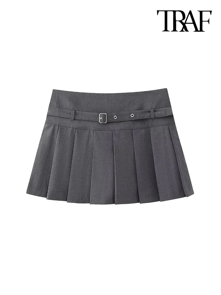 TRAF-Pleated Shorts Skirts dla kobiet, z paskiem, boczny zamek błyskawiczny, średnio wysoka talia, kobiece spodenki, moda