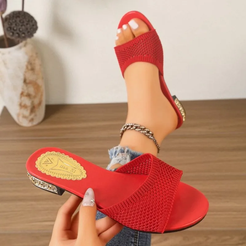 

Женские вязаные шлепанцы с открытым носком на низком каблуке, дышащие сетчатые уличные сандалии больших размеров для широкой стопы, летние
