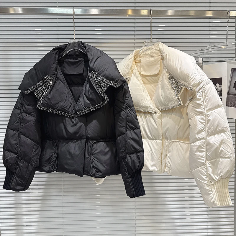 2025 Winter New Water Drop Diamond Nail Bead Flip Loose Warm Down Jacket for Women Personality Elegant Short Style Coat