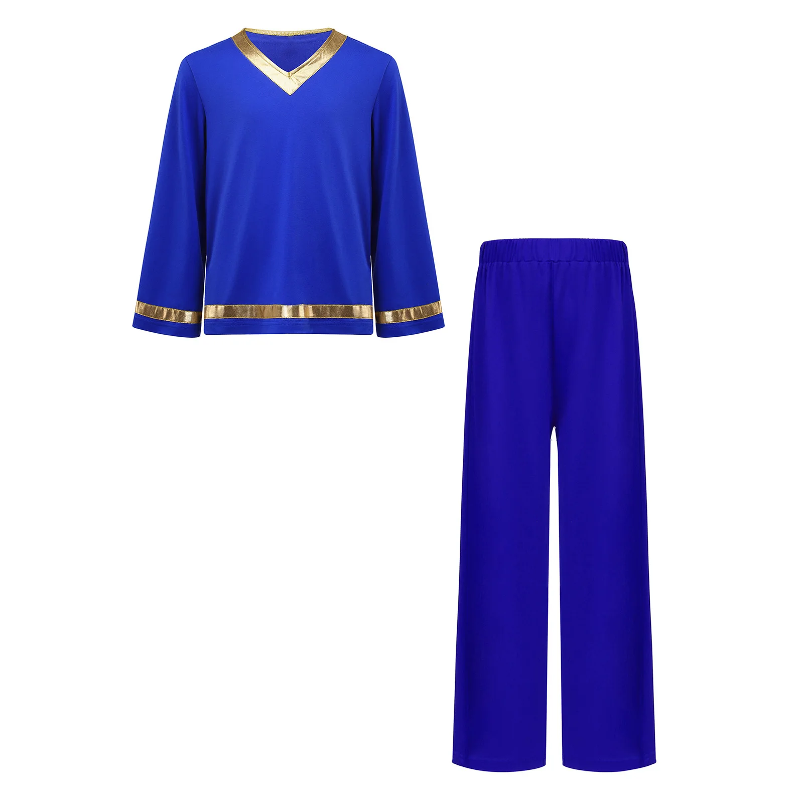 キッズボーイズ典礼用賛美ダンス衣装メタリックトリム長袖プルオーバートップスとパンツ、合唱団パフォーマンス、ゴスペルコンサート用