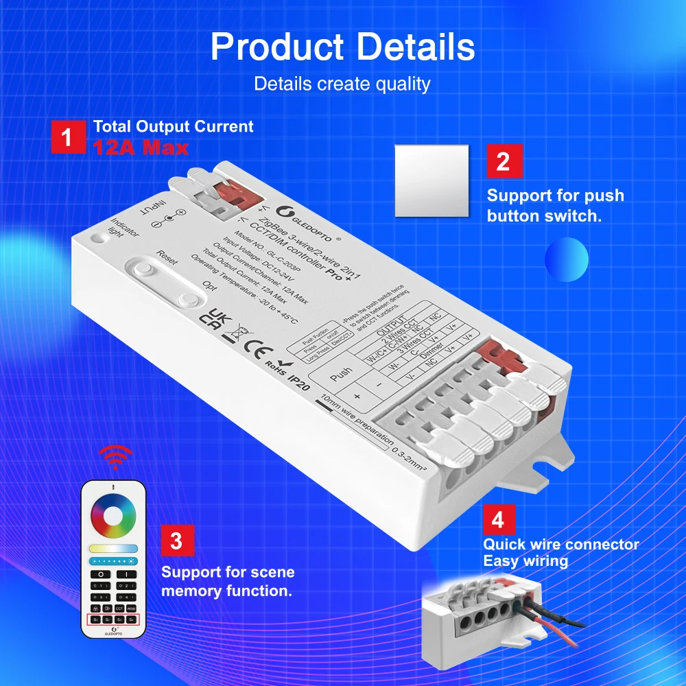 GLEDOPTO ZigBee 3.0 Pro Plus WWCW 2 in 1 CCT Dimmer LED Strip Light Controller 12A Max H/ue Alexa Tuya Smart Life APP Control