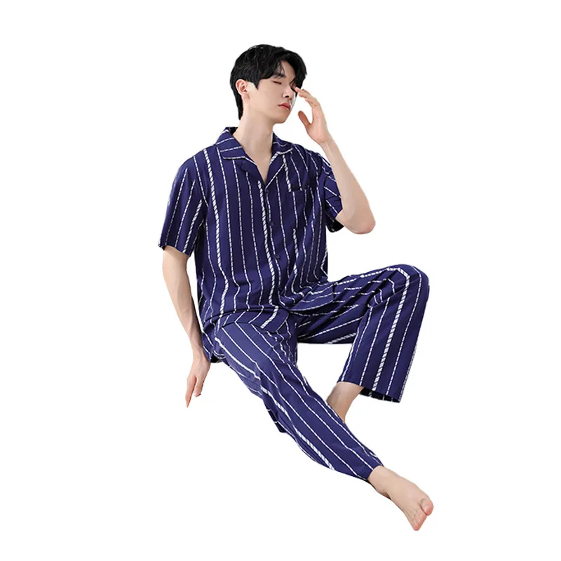 Men's cotton pajamas suit 7A antibacterial Summer 2024 new spring and autumn short-sleeved trousers thin household clothes