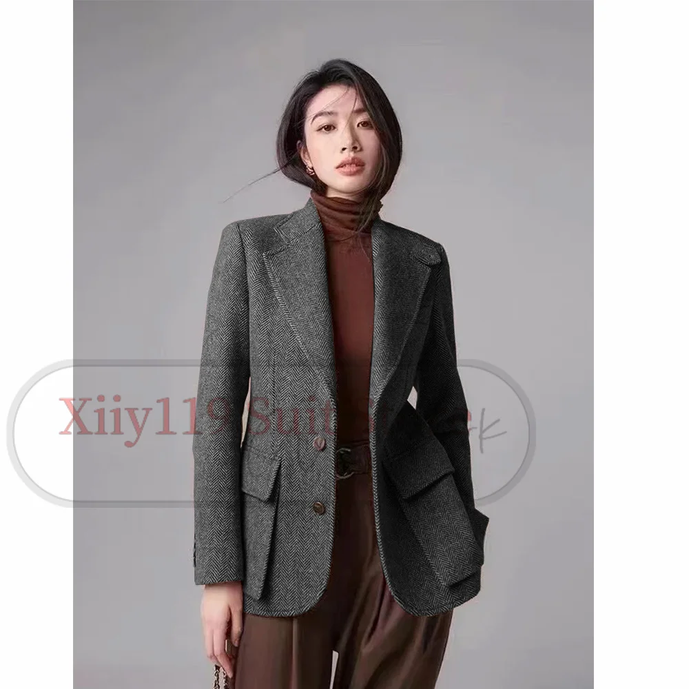 Woman Clothing New Women's Herringbone Coat Solid Color Casual Business Commuting Single Breasted Korean Autumn Clothes 2023