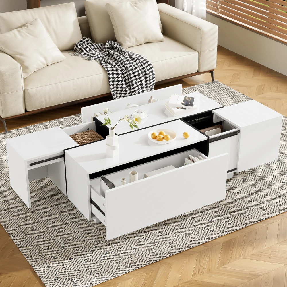 47.2''-72.7'' Extendable Coffee Table, Multi-Functional Coffee Table with High-Gloss Finish, Coffee Table for Living Room