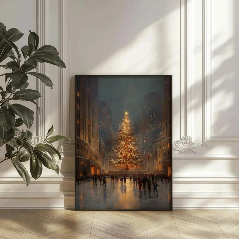 Vintage City Christmas Canvas Wall Art Tree Snowy Urban Night Skating Scene Winter Xmas Home Wall Print Unframed Canvas Poster