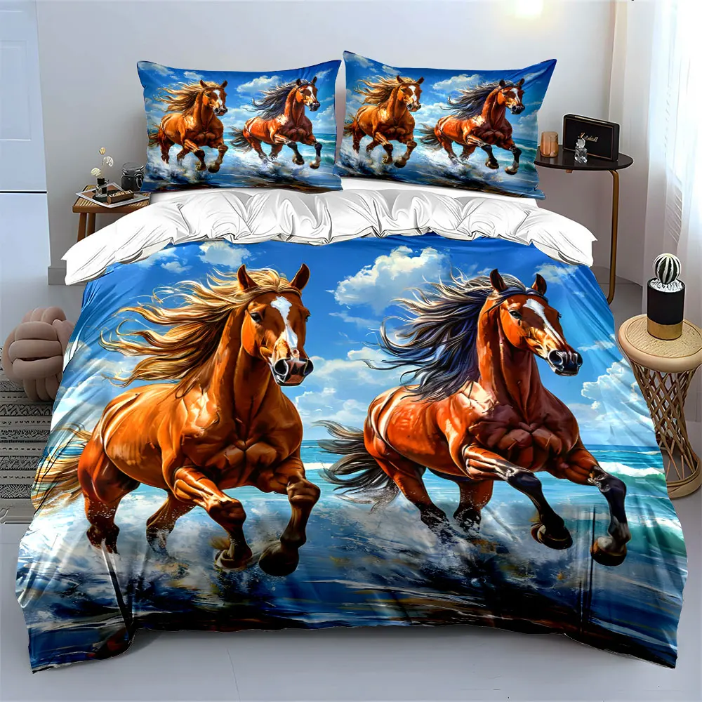 Two galloping horses on the beach Print Bedding set 3PC 1 duvet cover 2 pillowcases adult and children bedding set Luxury