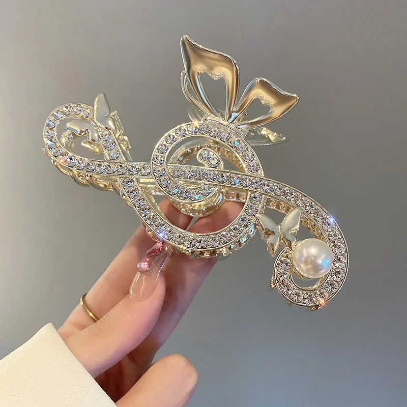 

DS 11.5CM Large Rhinestone Pearl Note Hair Claw Korean Style Alloy Claw Clips Trendy Hair Clips Hair Accessories for Women Girls