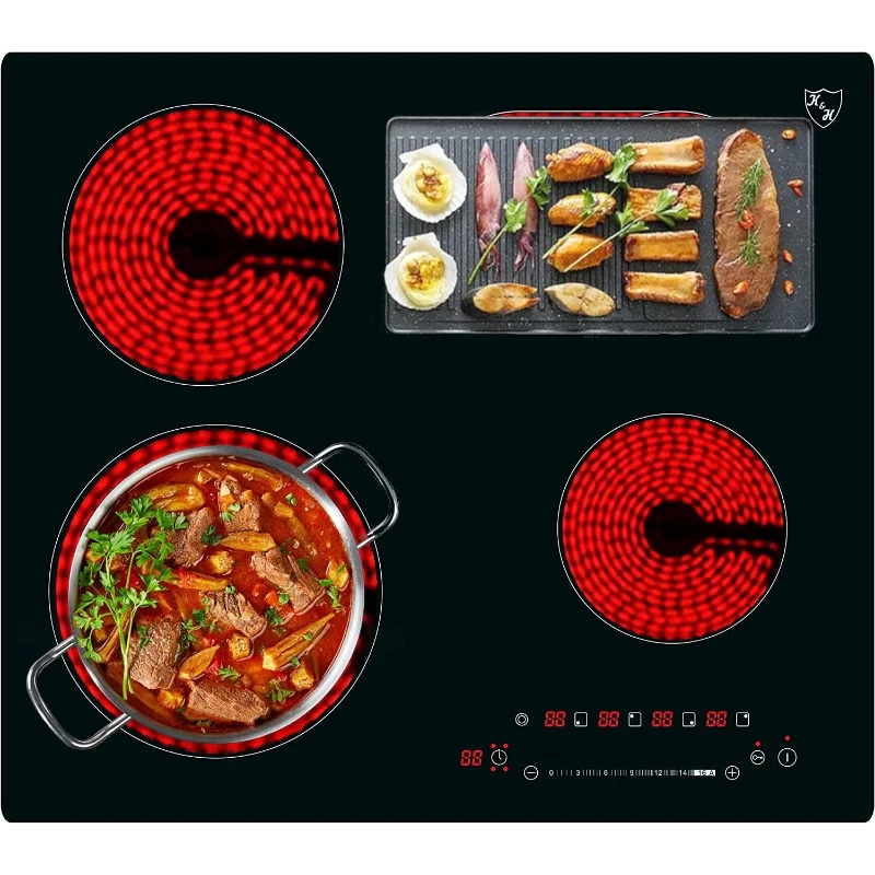 K&H 4 バーナー 24 インチビルトイン電気ストーブトップ放射セラミッククックトップスライダータッチコントロール 240V 7200W CE24-7206SL