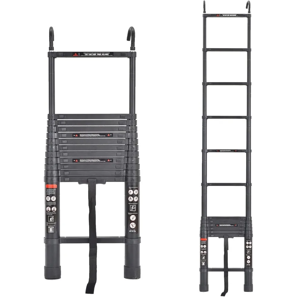 บันไดอลูมิเนียมสีดำแบบยืดหดได้สำหรับงานหนัก พร้อมตะขอที่ถอดออกได้ ความสูงพับเก็บได้ 2.8 ฟุต เพื่อการจัดเก็บที่ง่ายดาย