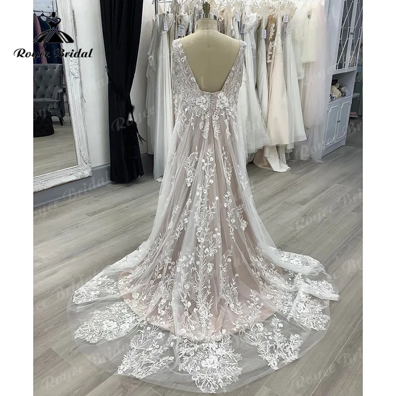 Vestido Plus Size Boho Lace Blush Pink Wedding Dress 2022 Square Neckline Elegant Bridal Long Beach Wedding Gowns Open Back