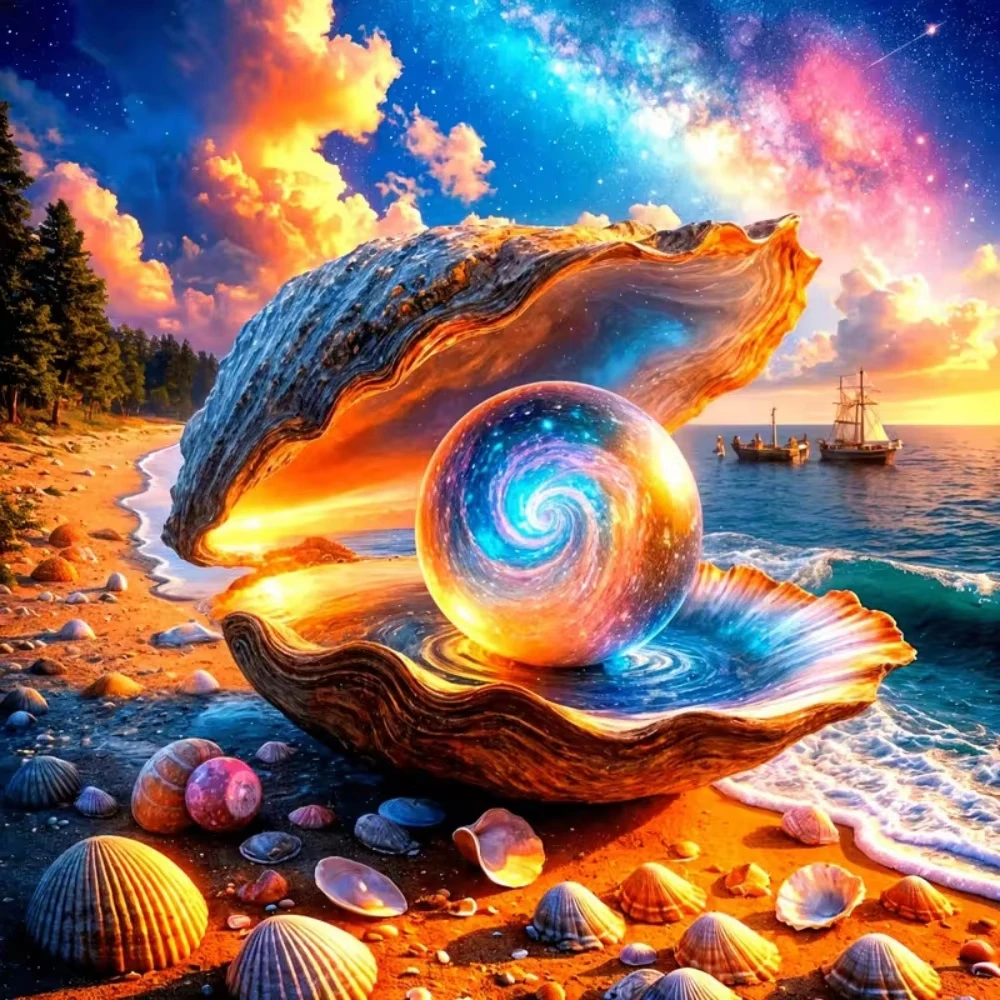 Oil Painting By Numbers Cosmic Pearl In Giant Oyster Shell Beach Galaxy Sky DIY Kit Unframed Wall Art Leisure Hobby Supply