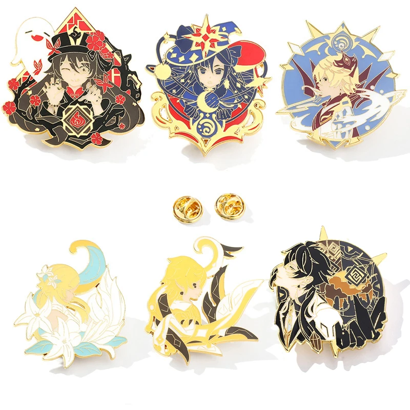 Game Impact Scaramouche Kunikuzushi Diluc Zhongli Yae Miko Cosplay Badges Anime Heros Kawaii Metal Brooches Backpack Pins