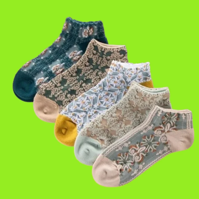 5 Pairs Sports Socks Versatile Casual Stereo Relief Retro China-Chic Low Gang 2024 New High Quality Boat Socks Women's Socks