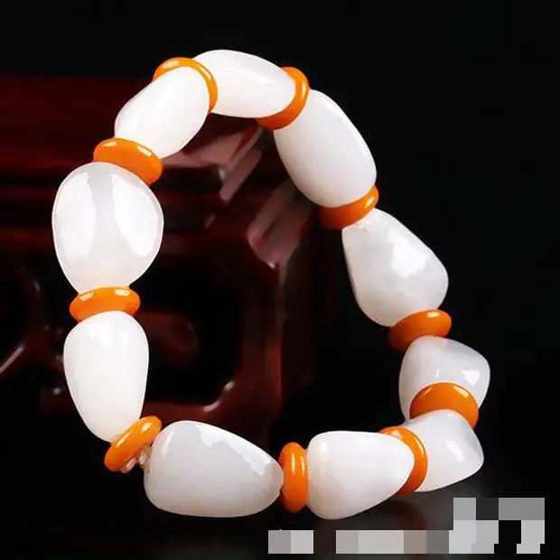 Natural White Jade Tumbled Stone Bracelet Men Women Genuine Raw Jades With Skin Nephrite Seed Stone Beads Bracelets Bangle