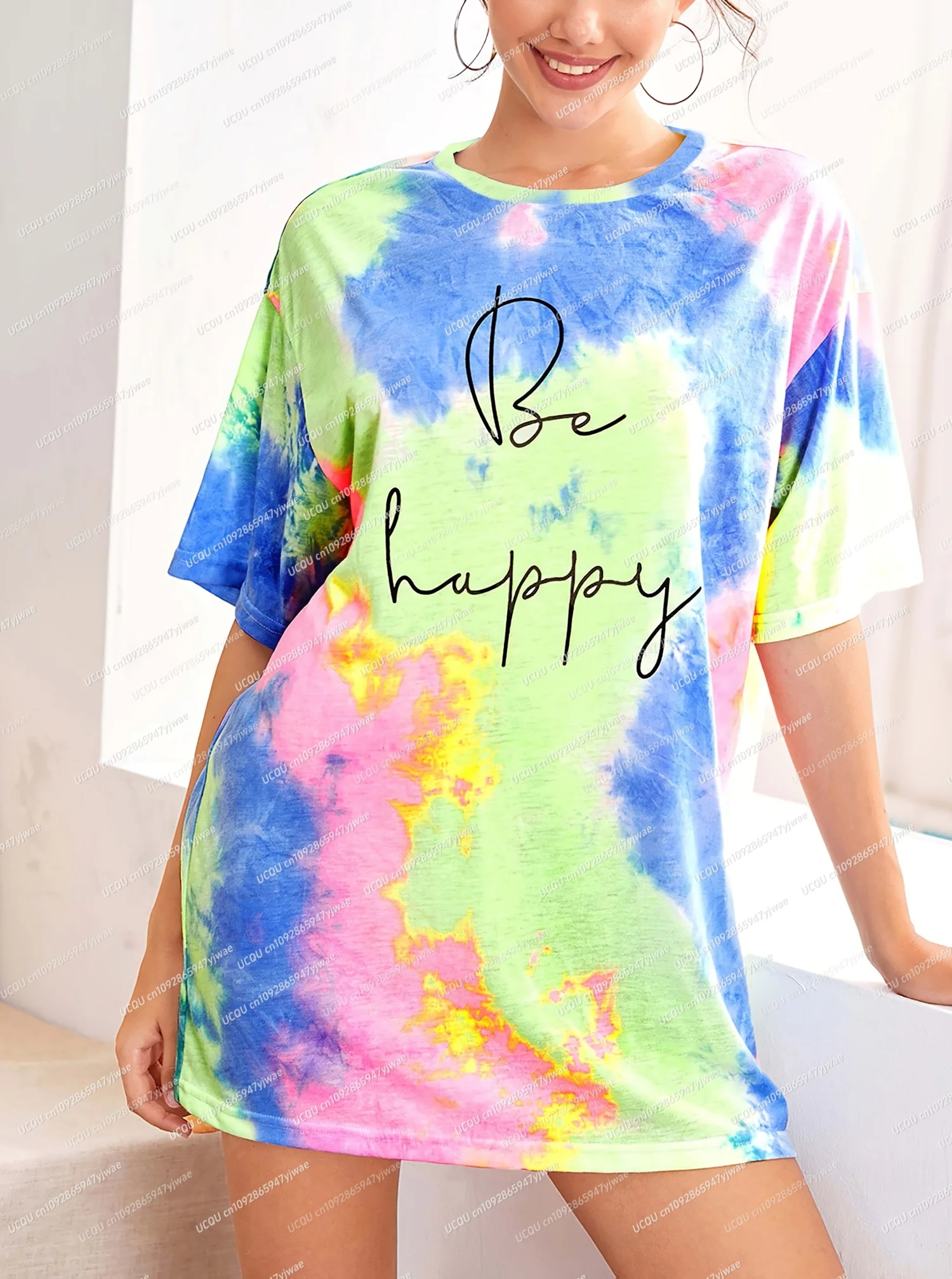 2025年夏新作 レディース Tシャツワンピース 迷彩柄 レタープリント BE HAPPY プリント Oネック 半袖 プルオーバーワンピース レディース服