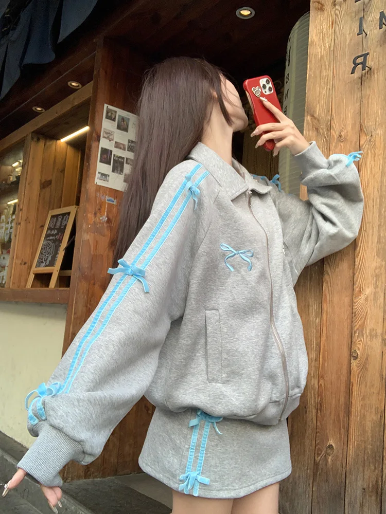 Grey Hoodie Set Women Spring Autumn Bow Embroidery Turn-down Collar Zipper Loose Coats Casual Skirts Chic Sweet Two Piece Set