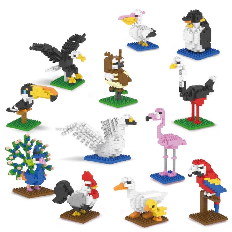 Zoo Series Micro-particle Building Block Woodpecker Flamingo Peacock Penguin Cock Toys Mini Desktop Decorations Childrens Gift