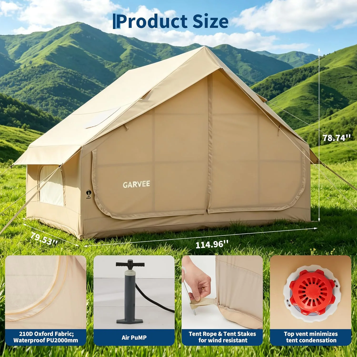 Blow Up Tent For Camping, 5-Min Air Tent With Stove Jack & Hand Pump, 210D Oxford Waterproof Tent, Skylight, TPU Beams UPF30+