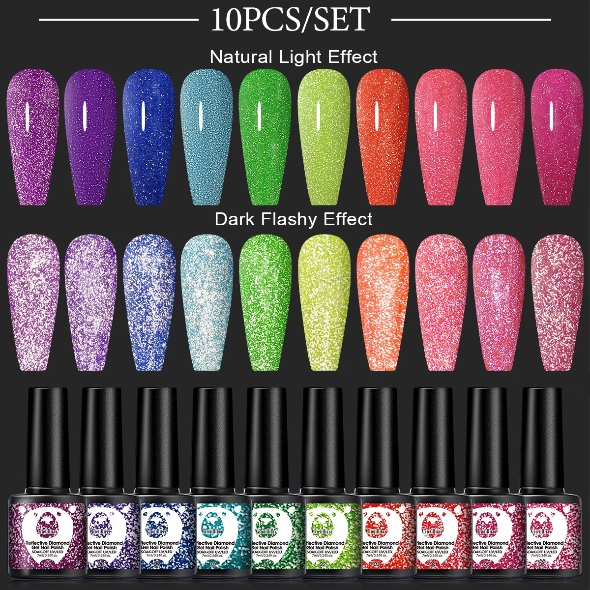 

10 pack of long-acting gel nail polish, shiny sequins - very suitable for nail art and nail enhancement, fragrance free, lead-fr