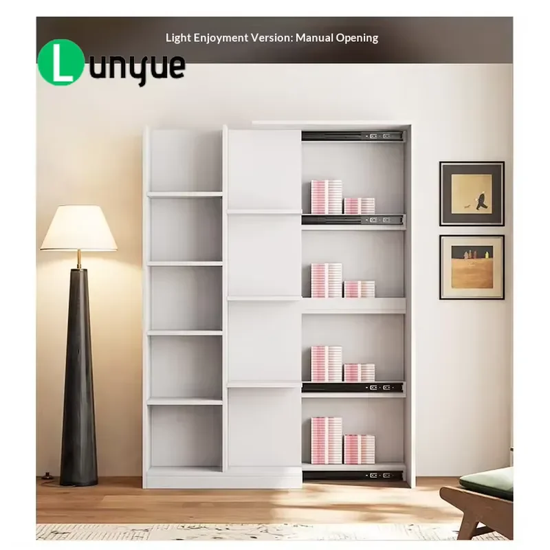 Modern Simple Solid Wood Floor to Ceiling Bookcase with Hidden Storage Compartment Integrated Space Saving Design for Small