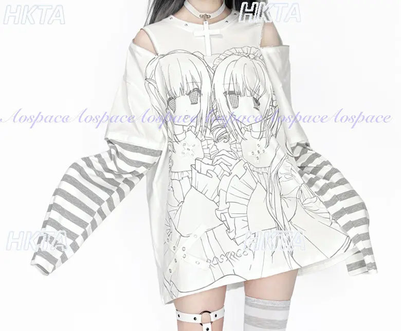 Subkultura Dwuwymiarowe Nadruki Bluzka z Odkrytymi Ramionami Udawana Dwuczęściowa Koszulka w Paski z Długim Rękawem Słodka i Modna Koszulka Y2k Damska