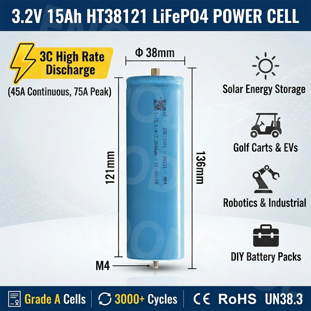 38121 LiFePO4 Battery 3.2V 15Ah HT38121 Cylindrical Power Battery with Screw Terminals M4 Studs for Solar Energy EV Pack Lifepo4
