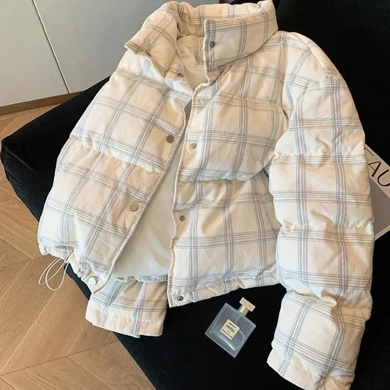 

Winter Warm Parkas Coats Women Vintage Corduroy Loose Standing Collar Crop Down Jacket Y2K Korean All Match Zipper Outerwear