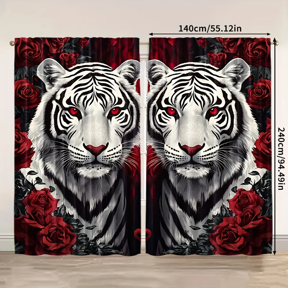 2pcs White Tiger Curtains Red Rose Animal Print Drape Living Room Bold Decor Wildlife Floral Window Treatment Luxury Panels