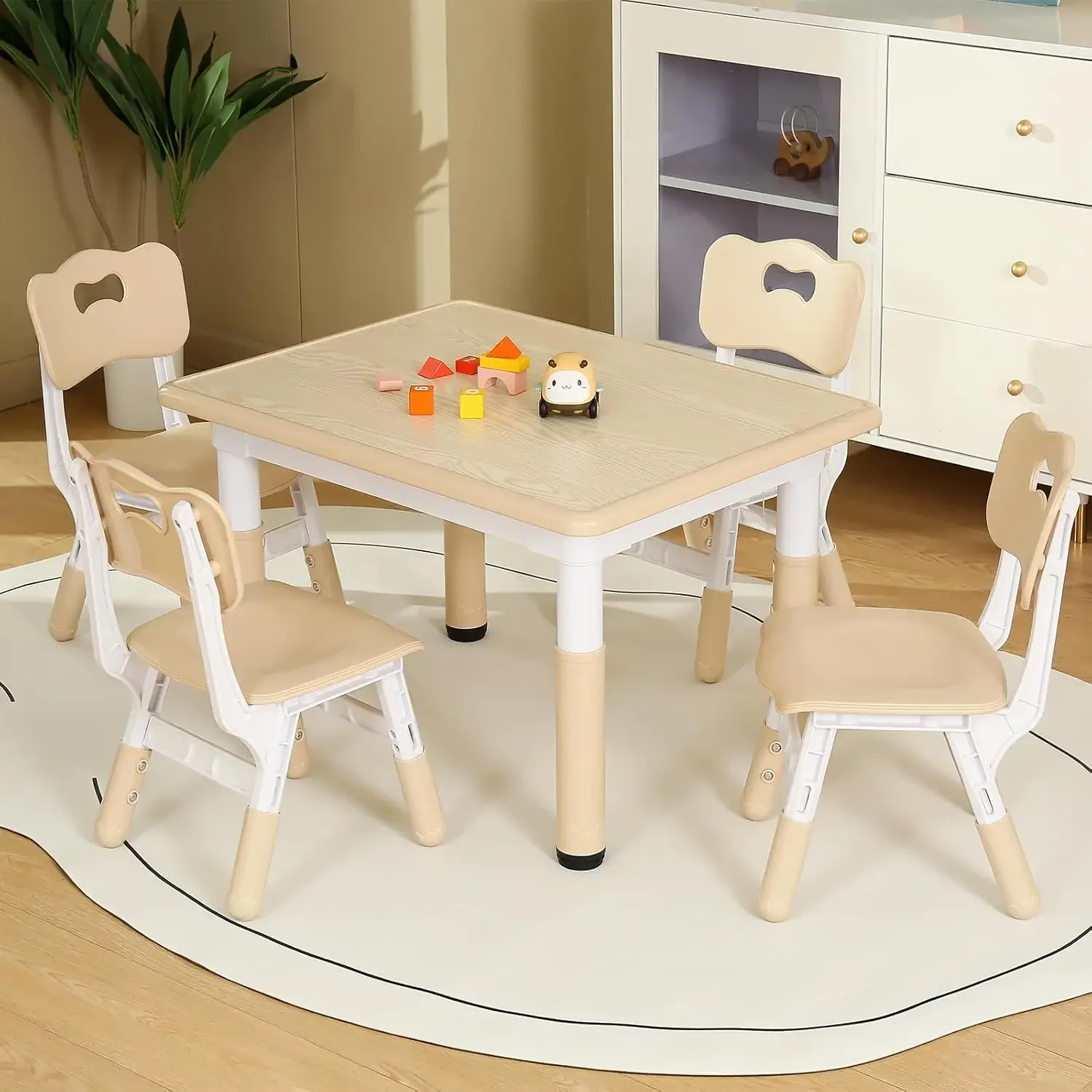 and Chair Set, Height Adjustable Kids Table and Chair Set of 4, 31.5''L x 23.6''W Toddler Table for Reading, Drawing,