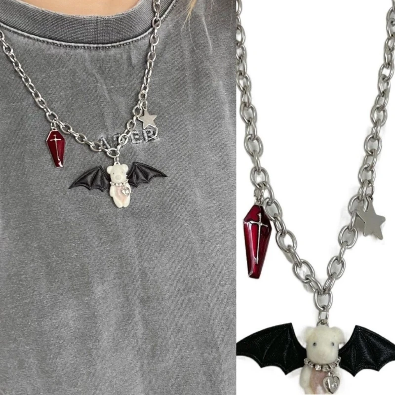 M2EA Gothic Necklace with Bear Muppet-Pendant Demon-Wings Choker Chain Star Coffin