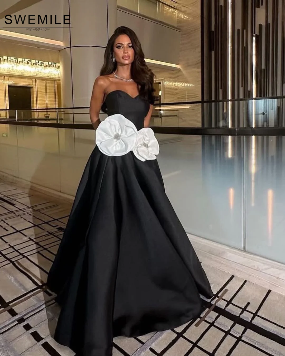 SWEMILE Black Hand-Made Flowers A-Line Floor-Length Satin Zipper Up Elegant Party Dresses For Women 2024 Evening Dress Party