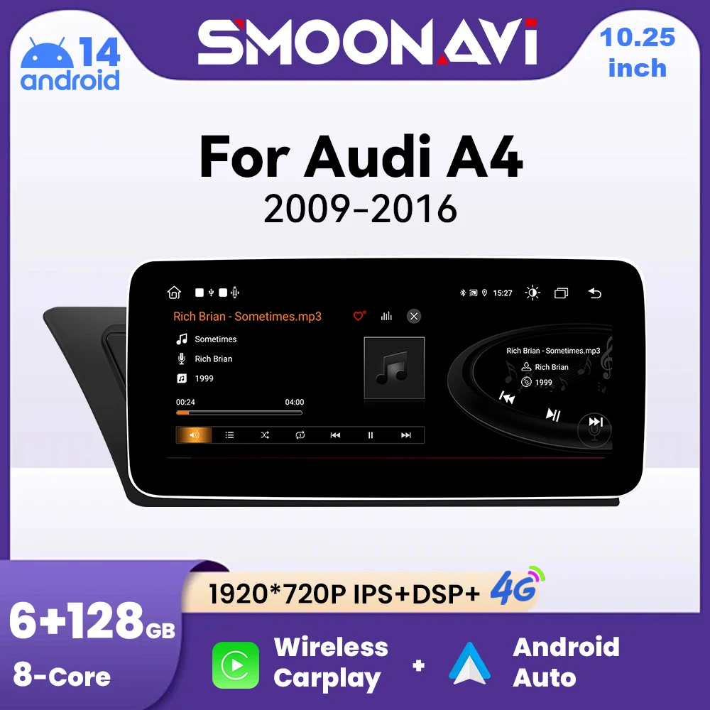 Lettore multimediale per auto Carplay senza fili per Audi A4 B8 A5 2009-2017 Android 14 6GB + 128GB GPS Navi IPS Schermo 4G WIFI DSP AI Voce