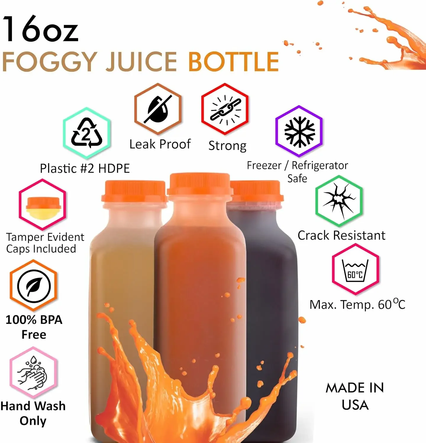 [100 PACK] Empty Plastic Juice Bottles with Tamper Evident Caps 16 OZ - Smoothie Bottles - Ideal for Juices, Milk, Smoothies